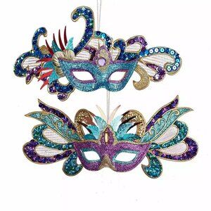 Mardi Gras Carnival Mask Purple Green Blue Gold Large Acrylic Ornament 8" Set 2